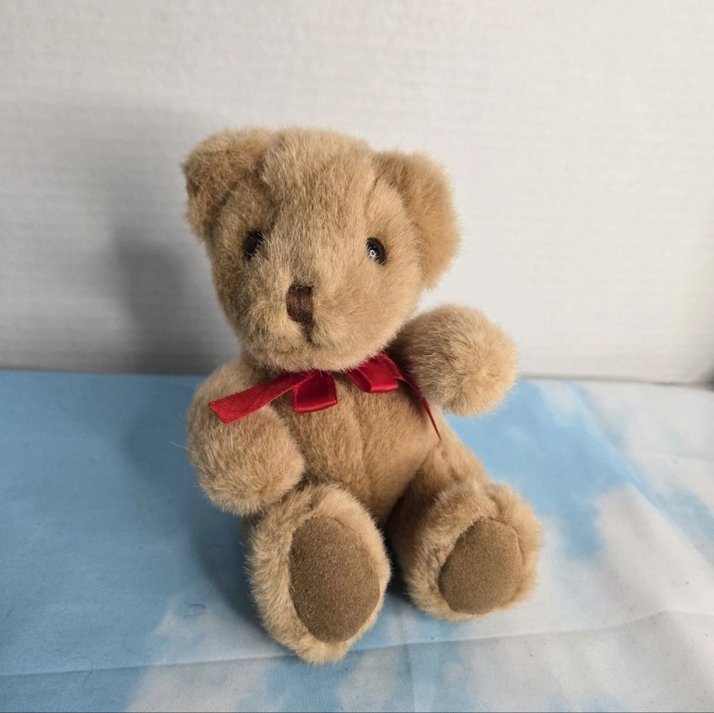 Russ Teddy Bear Tan Red Bow Plush Stuffed Animal Vintage Small